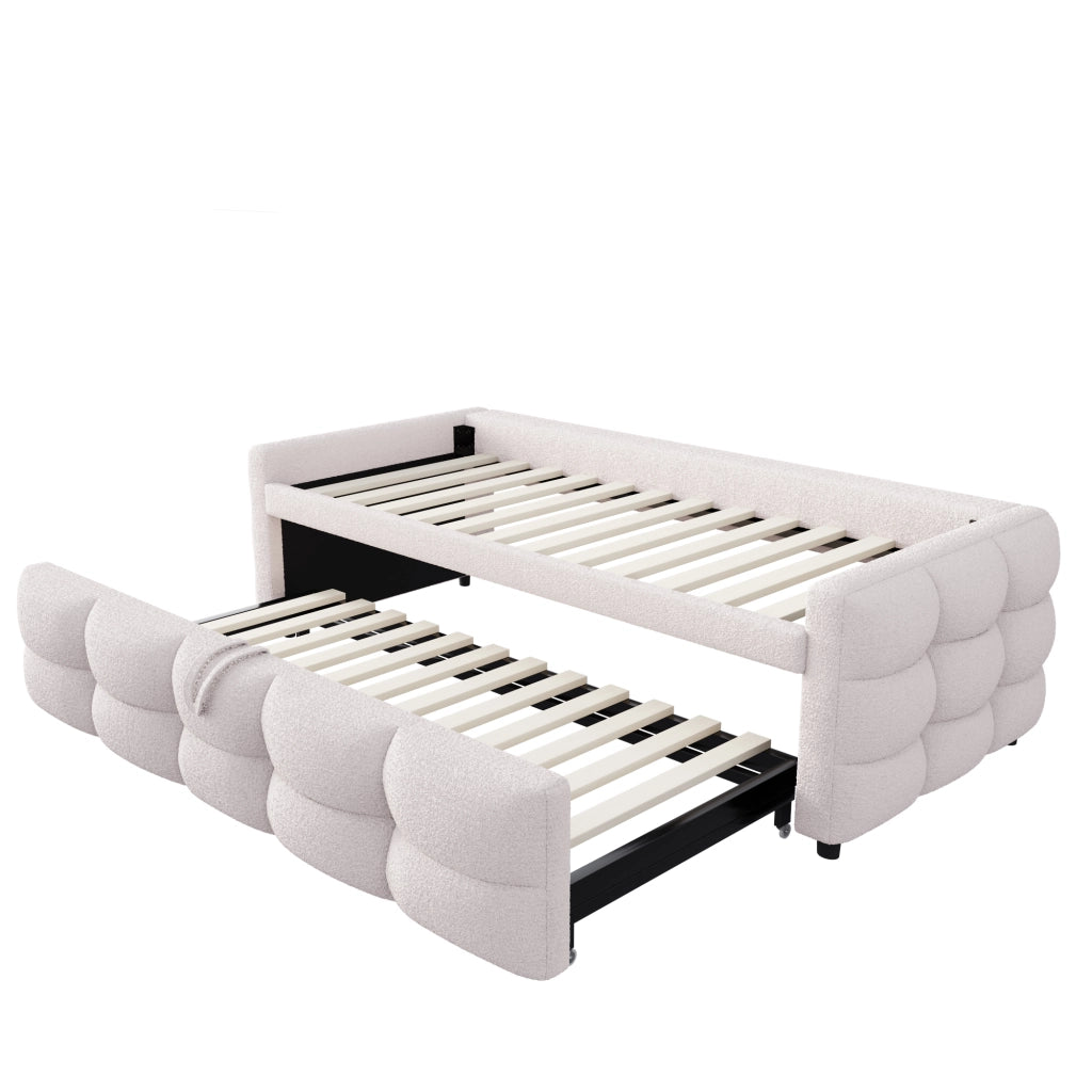 Letto imbottito combinato estraibile 90/180 x 190 cm in Teddy, beige, con rete a doghe, senza materasso