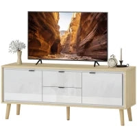 Mobile TV, per televisore fino a 55 pollici, con 2 ante lucide e 2 cassetti silenziosi, 120 x 35 x 50 cm, Bianco