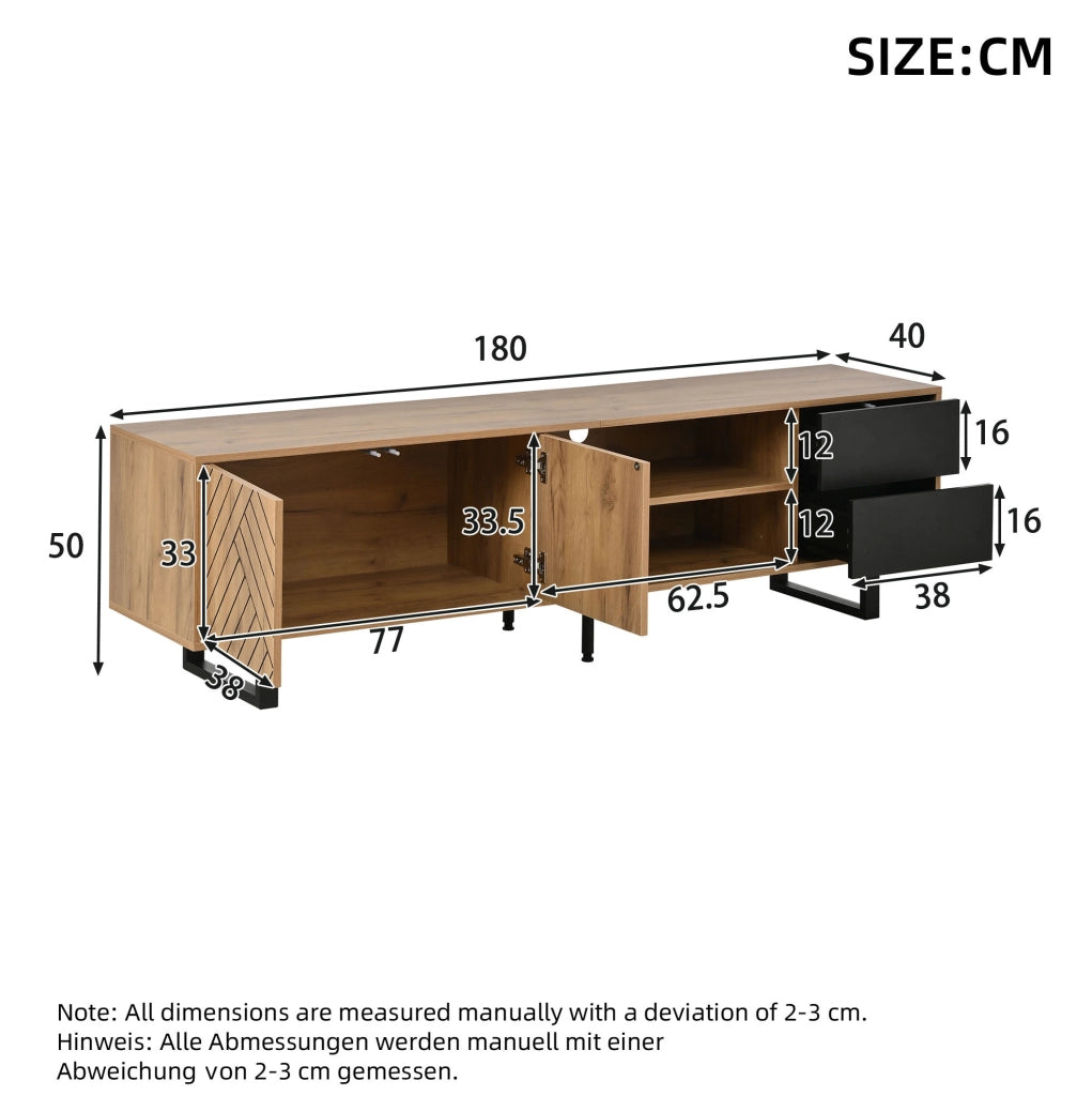 Mobile TV moderno 180x40x50 cm in truciolare effetto legno naturale e nero; per TV fino a 75 pollici