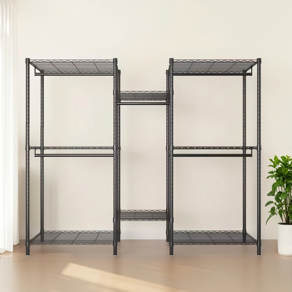 PORTA ABITI 80x46x24 cm Nero con 8 ripiani e 5 barre appendiabiti