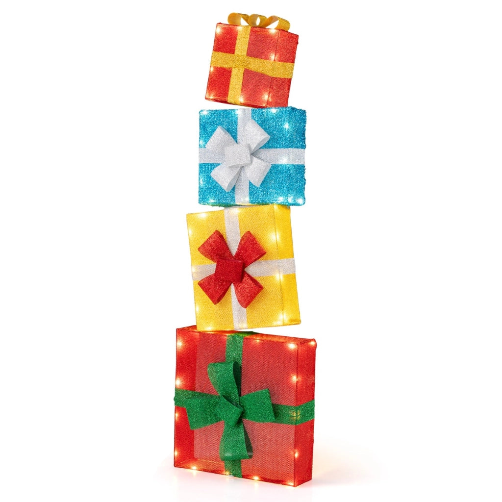 Set di 4 scatole natalizie illuminate con 4 fascette 2 picchetti a forma di L e luce bianca calda-Scatole regalo di natale a LED