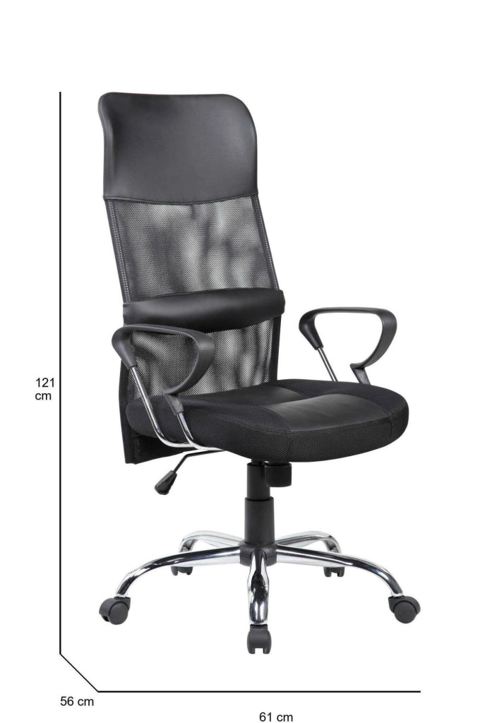 Sedia da ufficio Ateleta, Poltrona presidenziale con braccioli, Sedia ergonomica da ufficio, 56x61h111/121 cm, Nero
