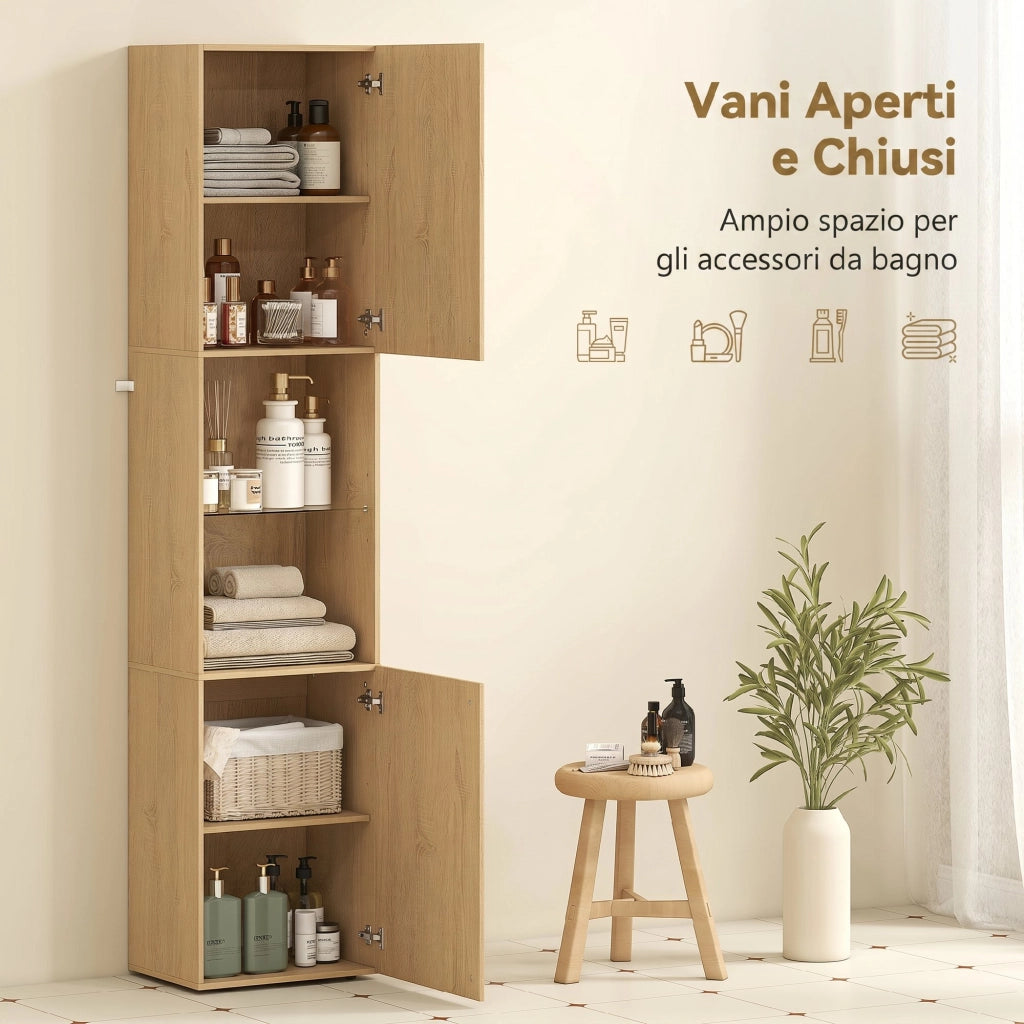 Mobile da Bagno a Colonna Slim 40x31x182H cm 6 Ripiani 2 Ante e Ripiano in Vetro Temperato in MDF Rovere
