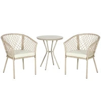 Set da Giardino in Rattan con 2 Poltroncine con Cuscini e Tavolino da Caffè in Vetro, Khaki
