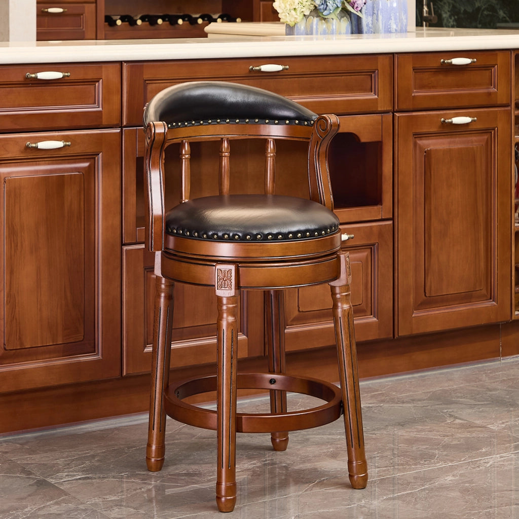 Sgabello da Bar Girevole con Schienale ¨C MINIMAL ¨C Pelle di Vacchetta, Legno, Seduta Alta