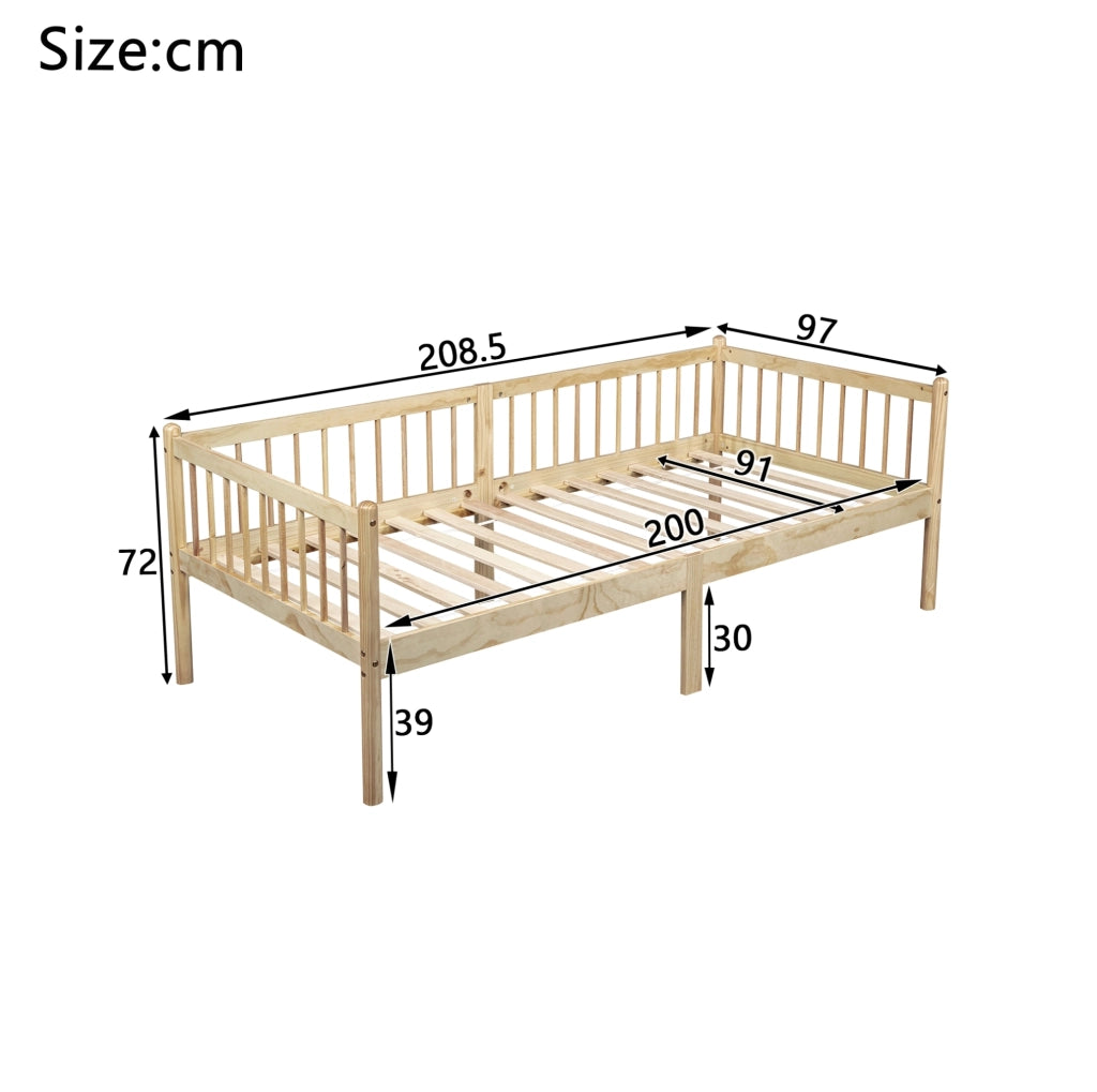 Letto singolo 90x200 cm in legno di pino con 3 sponde e doghe