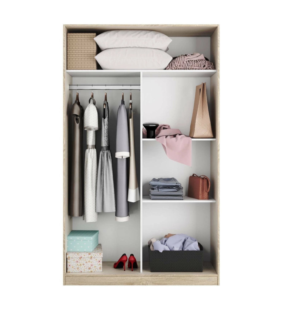 Guardaroba Adrenalin, Armadio per camera da letto a 2 ante scorrvoli, Mobile con 3 ripiani e barra appendiabiti, cm 120x50h200, Rovere e Bianco