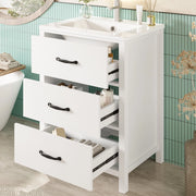 Mobile bagno freestanding 61 x 47 x 83 cm con lavabo in ceramica, 3 cassetti, bianco