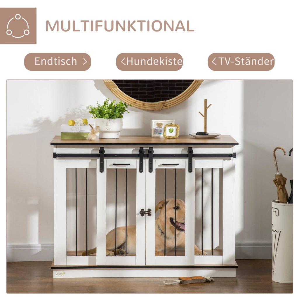 Gabbia per cani con divisorio rimovibile e doppie porte con griglie ventilazione in legno bianco 120 × 60 × 88,5 cm