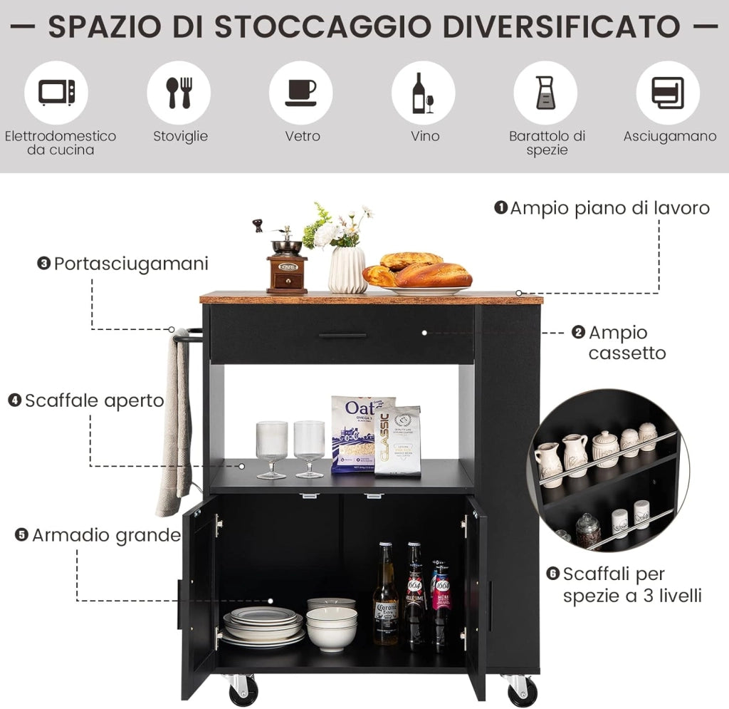 Carrello da Cucina con Ruote, Isola da Cucina con 3 Portaspezie 1 Cassetto Armadietto a 2 Porte, Carrello Portaoggetti con Portasciugamani, 82x46x92 cm (Nero)