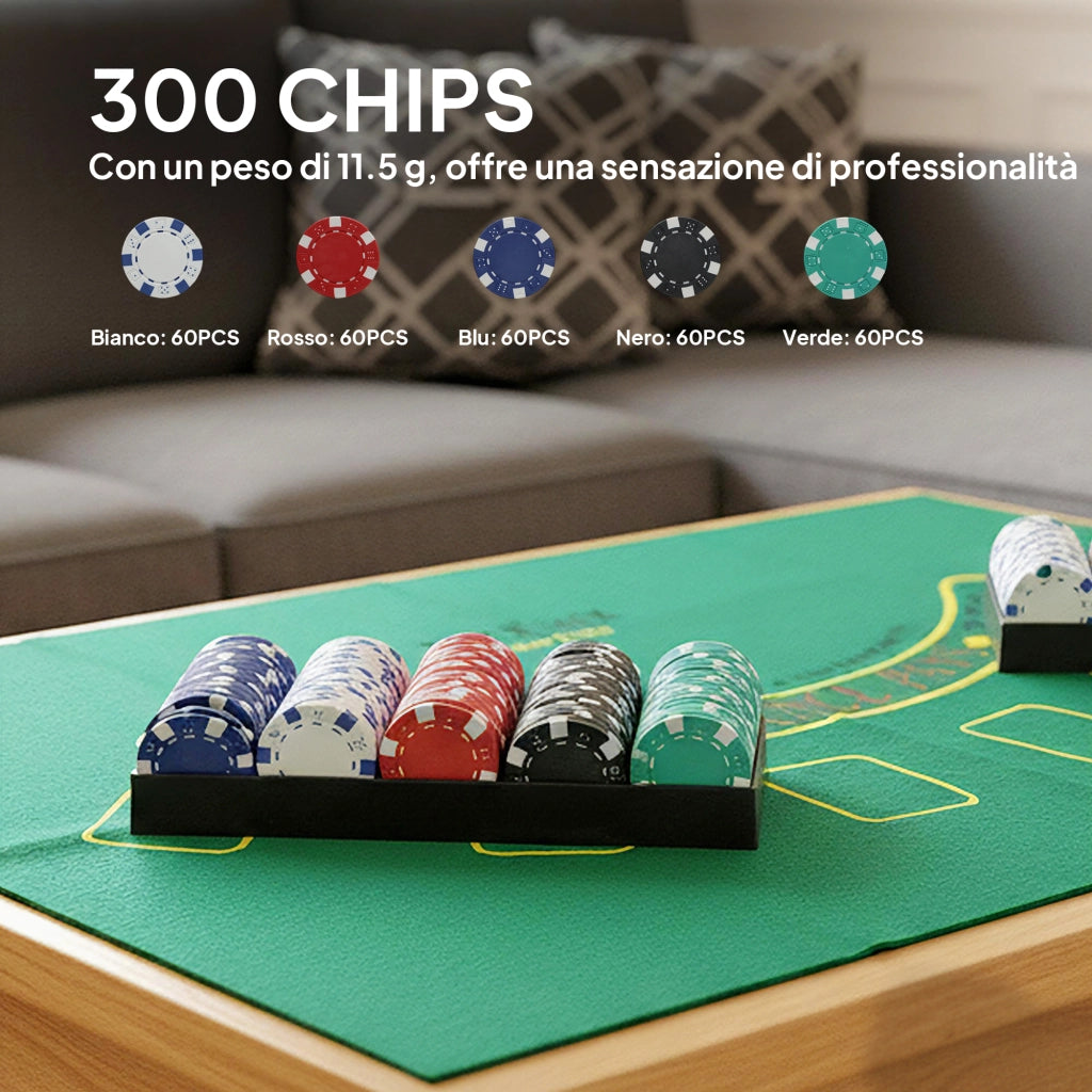 Set Poker con 300 Fiches Mescolatore e Distributore Carte Tappetino 5 Dadi Pulsante Dealer e Valigetta