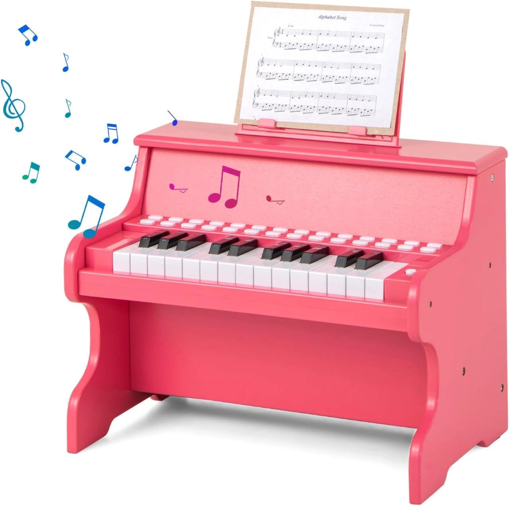 Pianoforte digitale a 25 tasti per bambini, pianoforte in legno con leggio, tasti illuminati, modalità didattica, 6 strumenti, 8 percussioni, tastiera per pianoforte con registrazione e