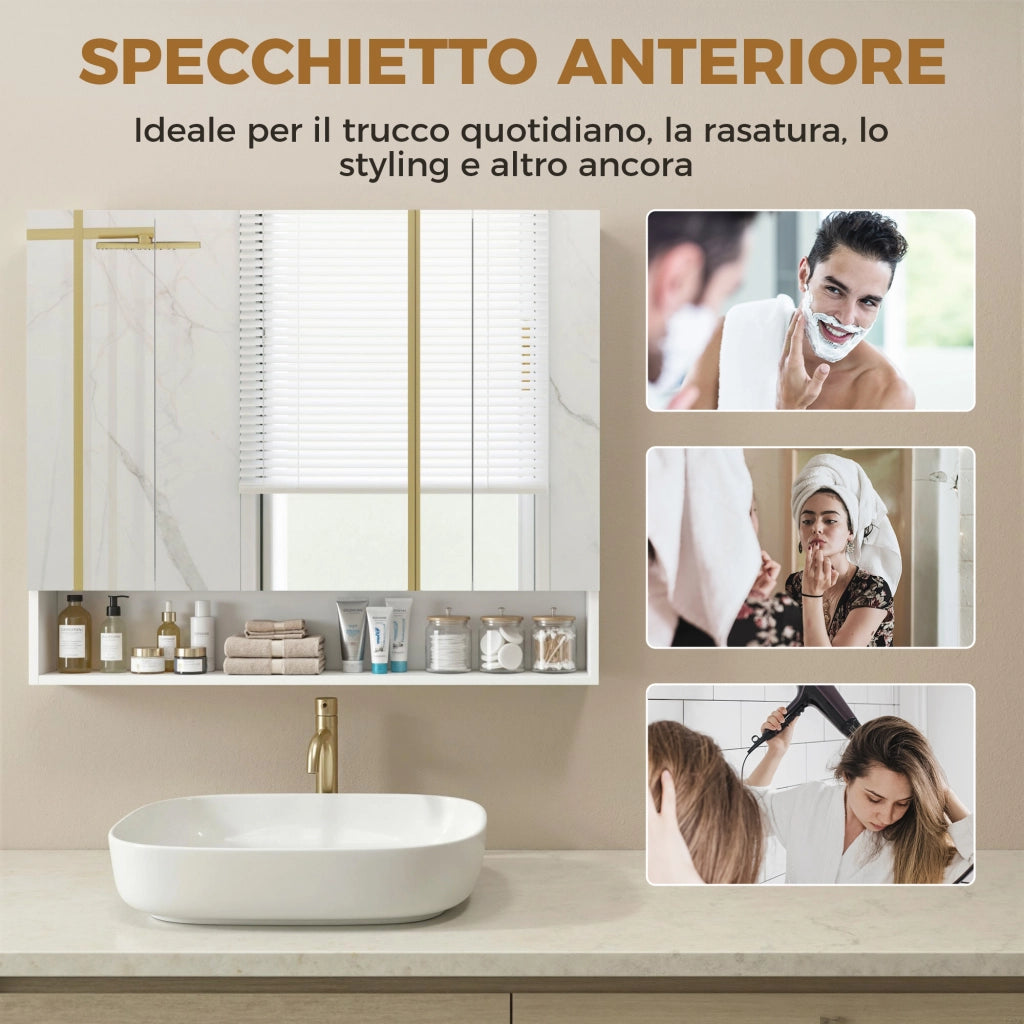 Specchiera Bagno con Armadietto 3 Ante Soft Close e Ripiani Regolabili, 90x15x75 cm, Bianco