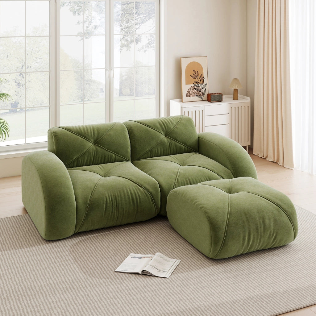Divano modulare 2 posti con pouf in chenille e schiuma ad alta densità senza telaio per soggiorno verde familiare