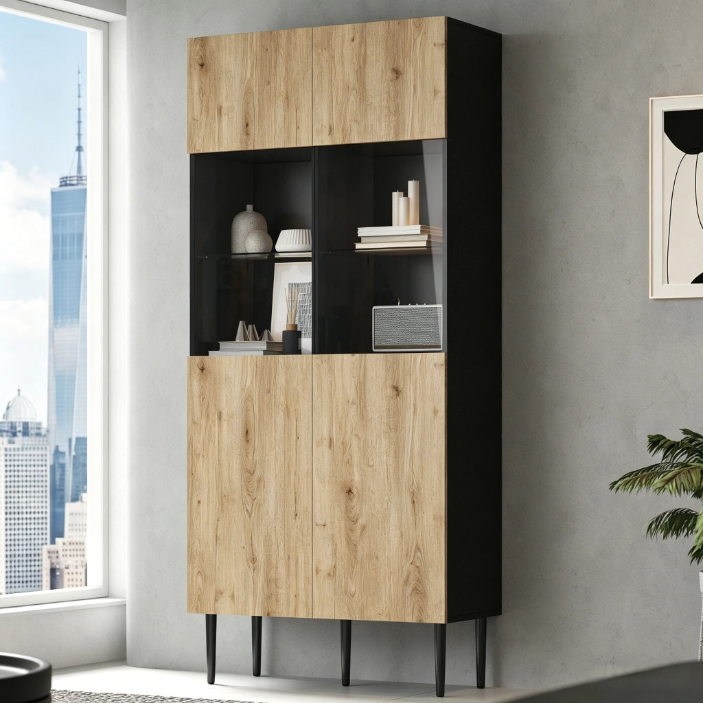 Vetrina con 2 ante e 10 vani; LED - per soggiorno - 80x35x180 cm - nero e naturale