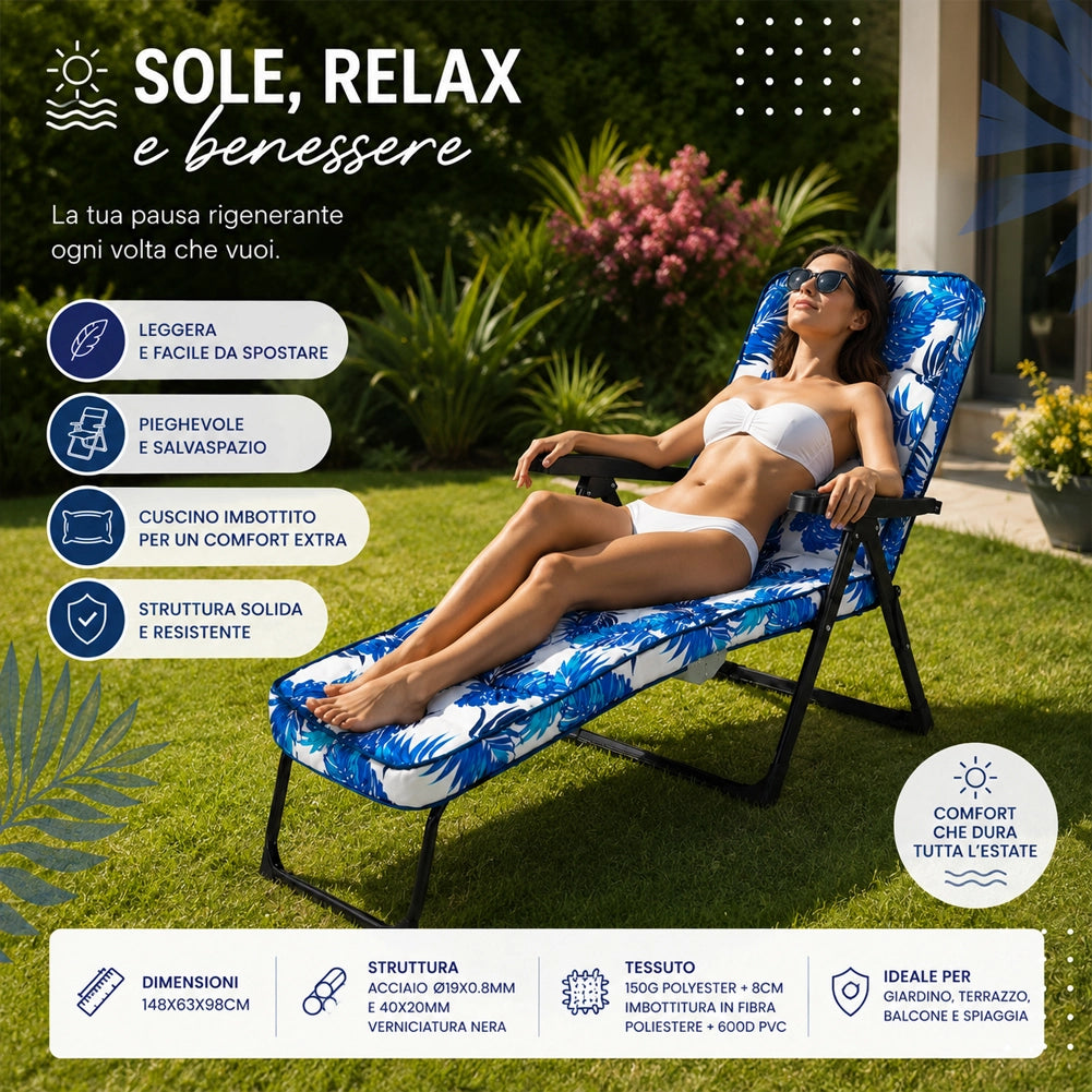 Sedia Sdraio Relax Pieghevole Imbottita con Cuscino Design Floreale 148x63x98cm