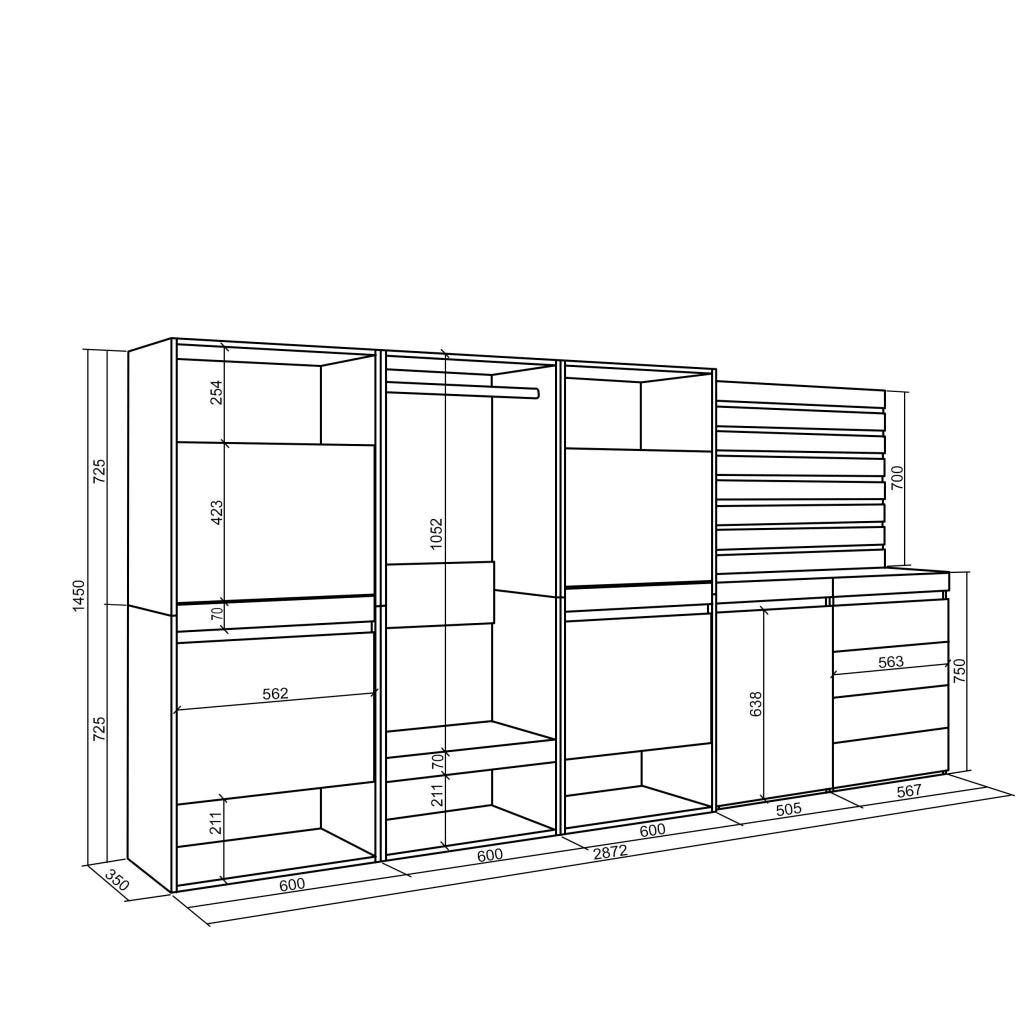 Scarpiera, 287x35x145cm, Camera da letto, Armadio Aperto, Cassettiera, Pannelli Decorativi, grigio cemento RF3526