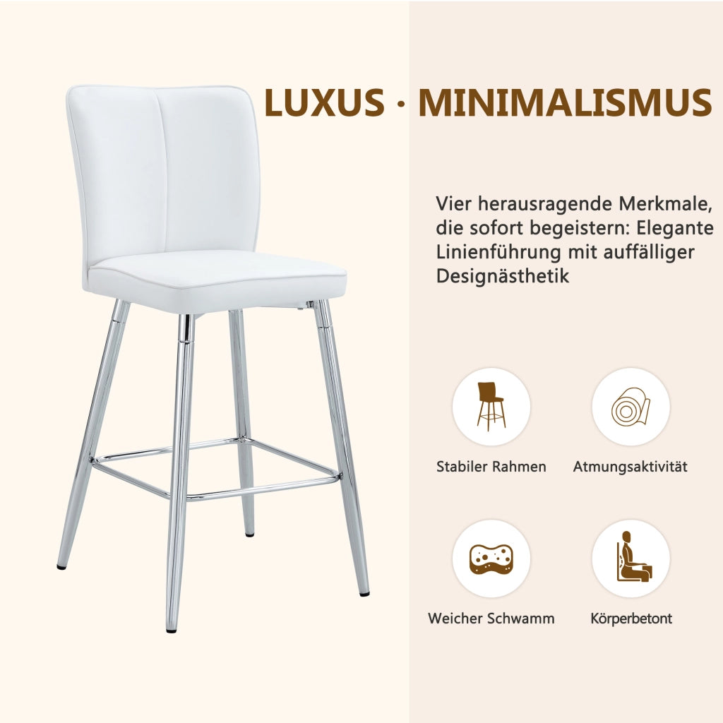 Set di 2 Sgabelli da Bar con Schienale Ergonomico e Poggiapiedi; Metallo e Pelle PU; Bianco e Argento