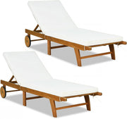 Lettino Prendisole Pieghevole, Lettino da Giardino in Legno di Eucalipto con Ruote e Cuscino, Schienale Regolabile 6 Posizioni, Tessuto Senza Fluoro, per Piscina e Spiaggia, Portata 160 kg (2)