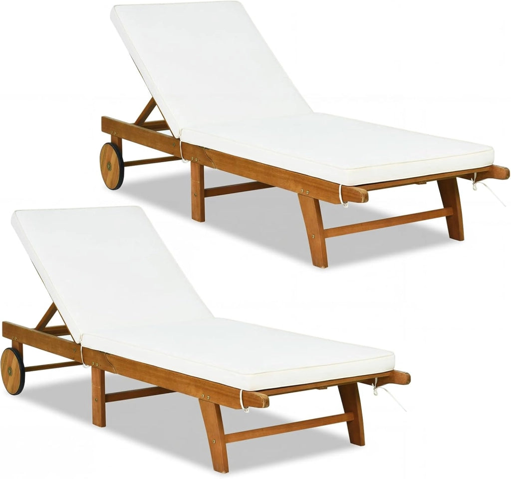 Lettino Prendisole Pieghevole, Lettino da Giardino in Legno di Eucalipto con Ruote e Cuscino, Schienale Regolabile 6 Posizioni, Tessuto Senza Fluoro, per Piscina e Spiaggia, Portata 160 kg (2)