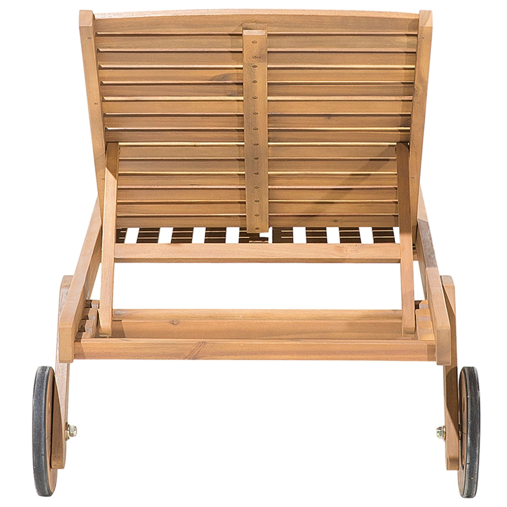 Lettino da giardino in legno chiaro di acacia con cuscino grigio chiaro reclinabile su ruote con tavolino
