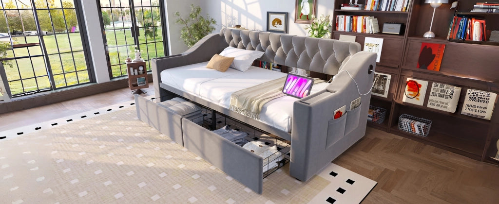 DESMIU Divano letto 90 × 190 cm 1 posto con cassetti, USB e Type-C, senza materasso, in velluto, grigio chiaro