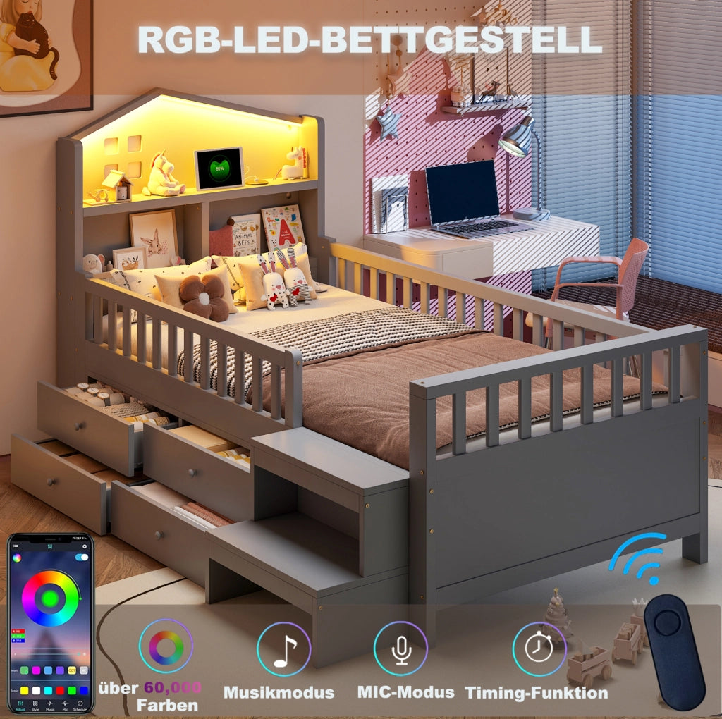 Letto per bambini 90x200 cm con 4 cassetti; LED; USB e Type-C; in legno massello; grigio