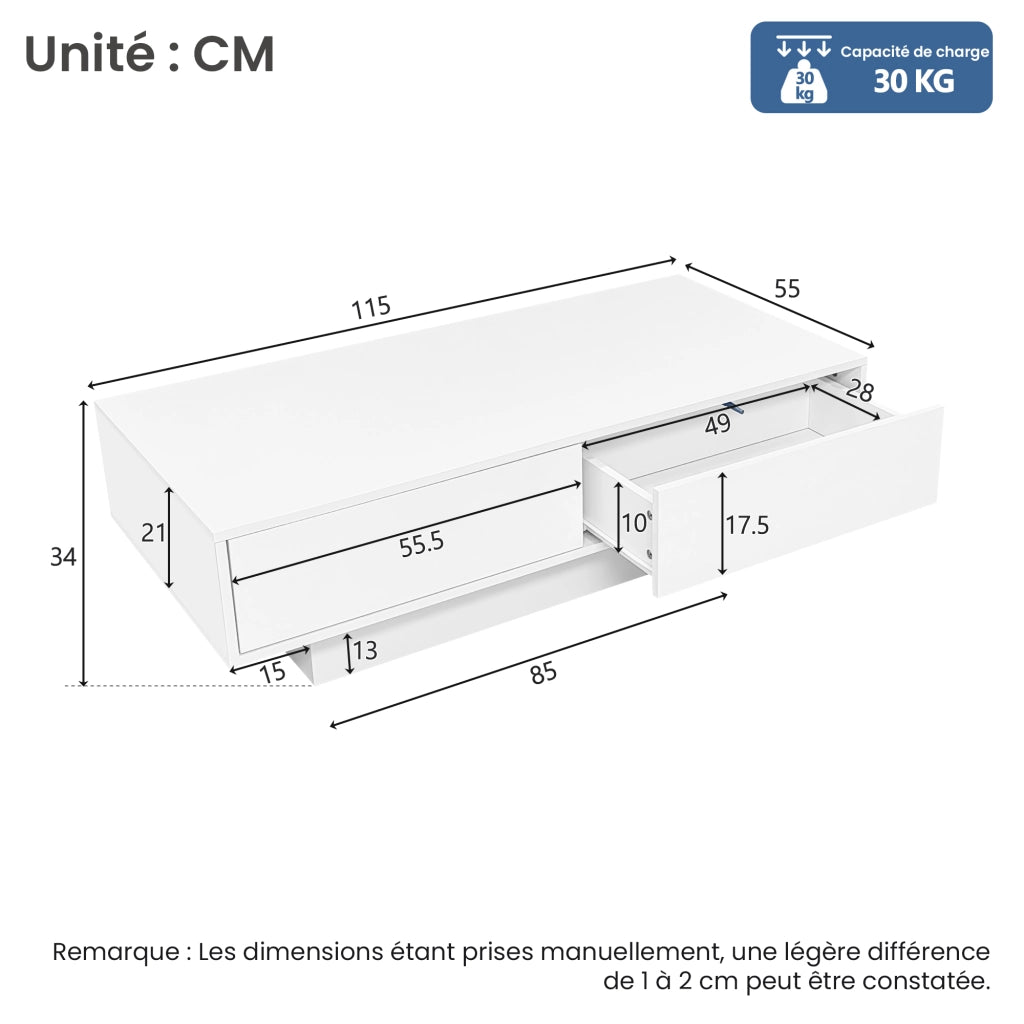 Tavolino da Salotto con 2 Cassetti e LED; Bianco Lucido; Stile Moderno; in Pannello Truciolare; Bianco
