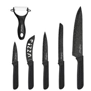 Set di 6 Coltelli con Pelapatate e Coltello per Pizza Antiaderente Nero Cheffinger