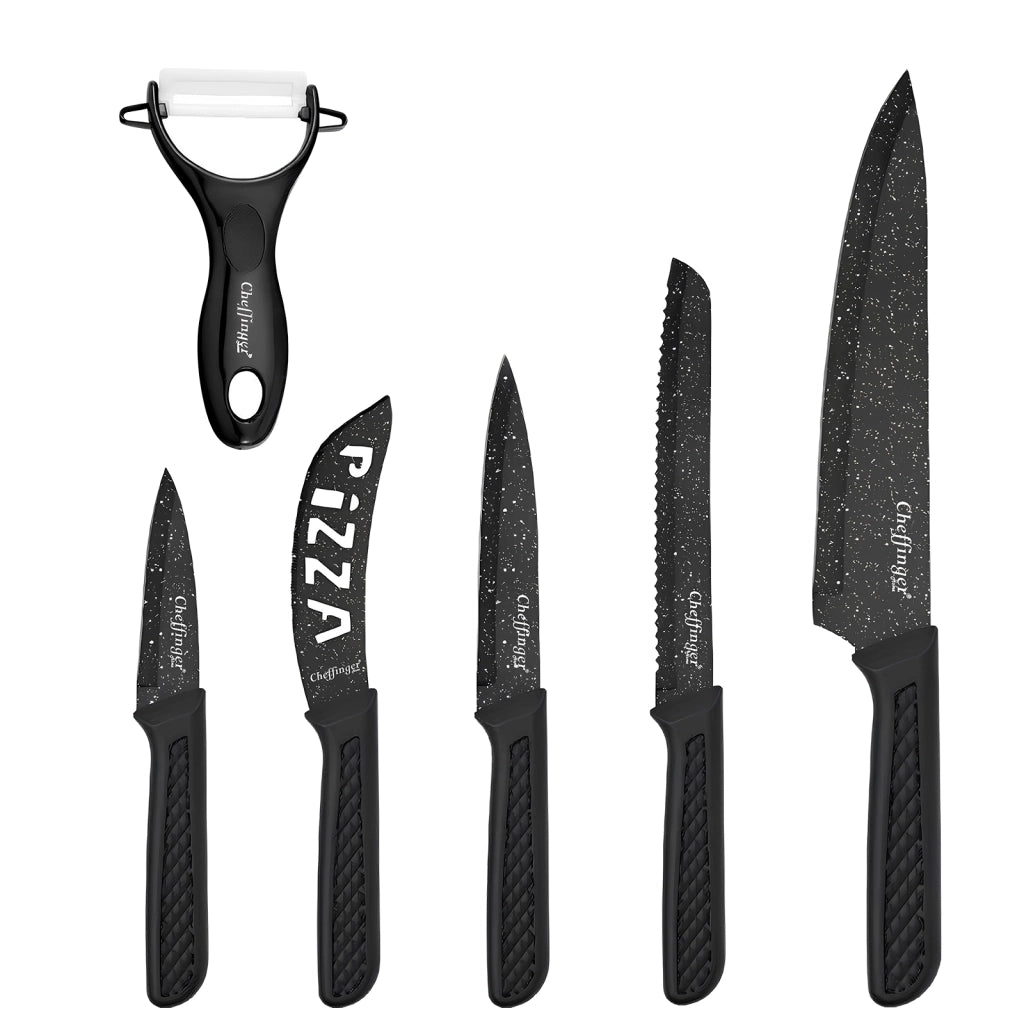 Set di 6 Coltelli con Pelapatate e Coltello per Pizza Antiaderente Nero Cheffinger