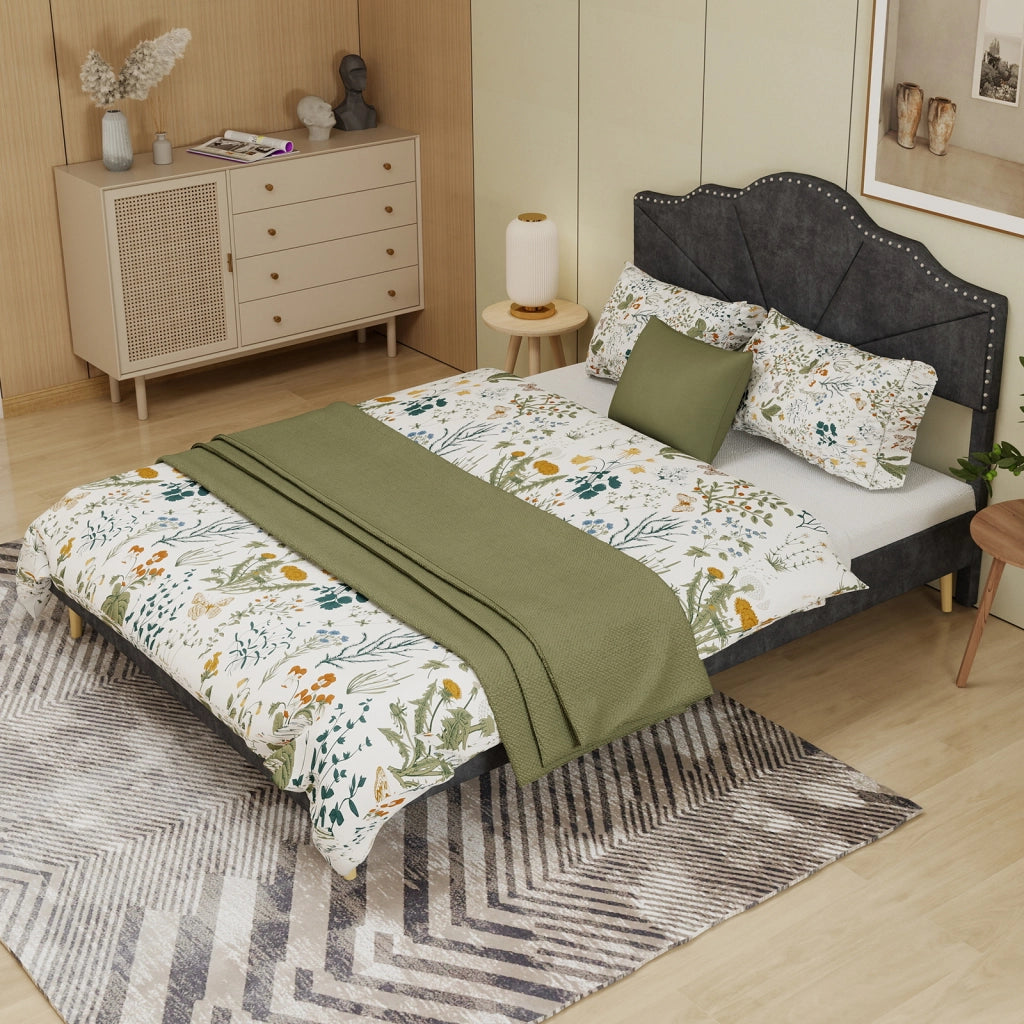 Letto Matrimoniale 160x200 cm con Testiera Geometrica; in Tessuto e Metallo; Grigio