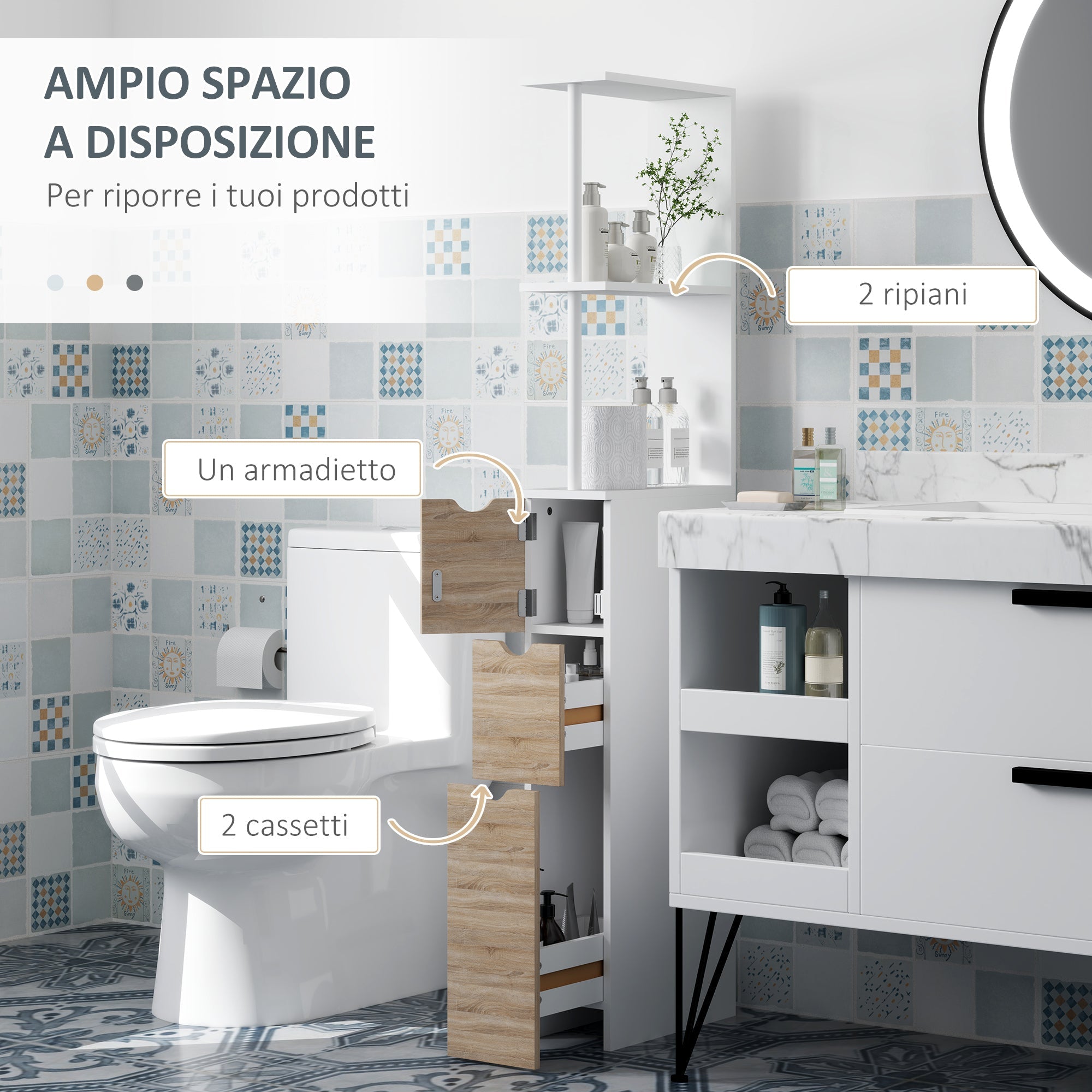 Mobile Colonna Bagno Salvaspazio  15x33x136 cm con Armadietto e Ripiani Legno e Bianco