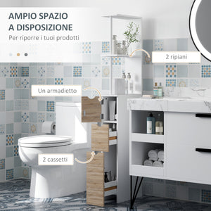 Mobile Colonna Bagno Salvaspazio  15x33x136 cm con Armadietto e Ripiani Legno e Bianco