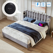 OKWISH Letto Matrimoniale 140×200 cm con USB, Tipo C e Testiera a Pannelli, senza Materasso, in Lino, Grigio