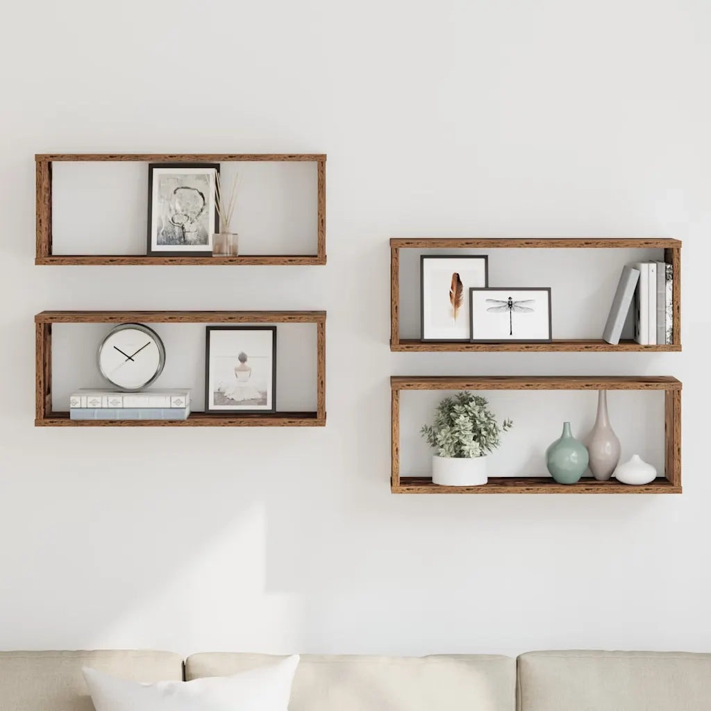 Mensole a Cubo Muro 4 pz Legno Antico 60x15x23 cm in Truciolato 856587