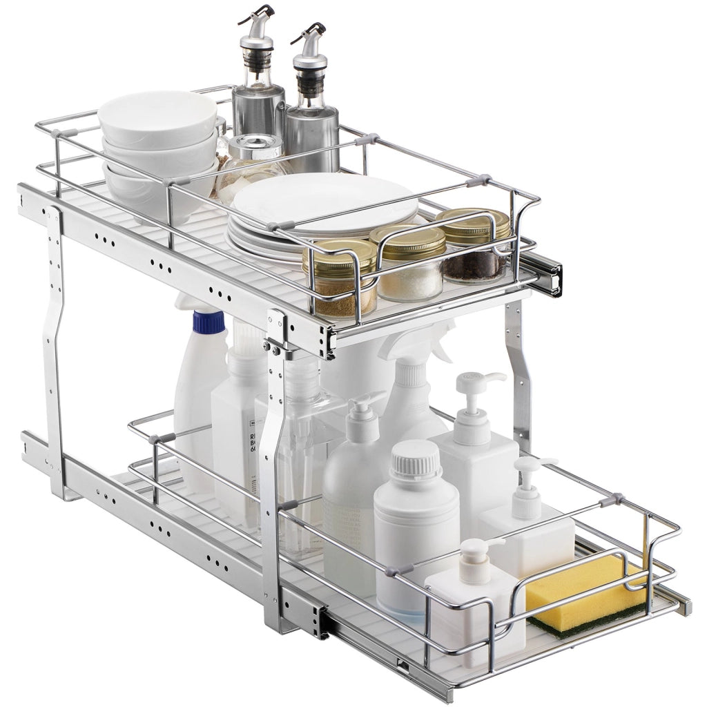 Organizer Estraibile per Armadio a 2 Ripiani in Acciaio Cromato 305x533x385 mm, Cesto Scorrevole Salvaspazio per Cucina e Sotto Lavello