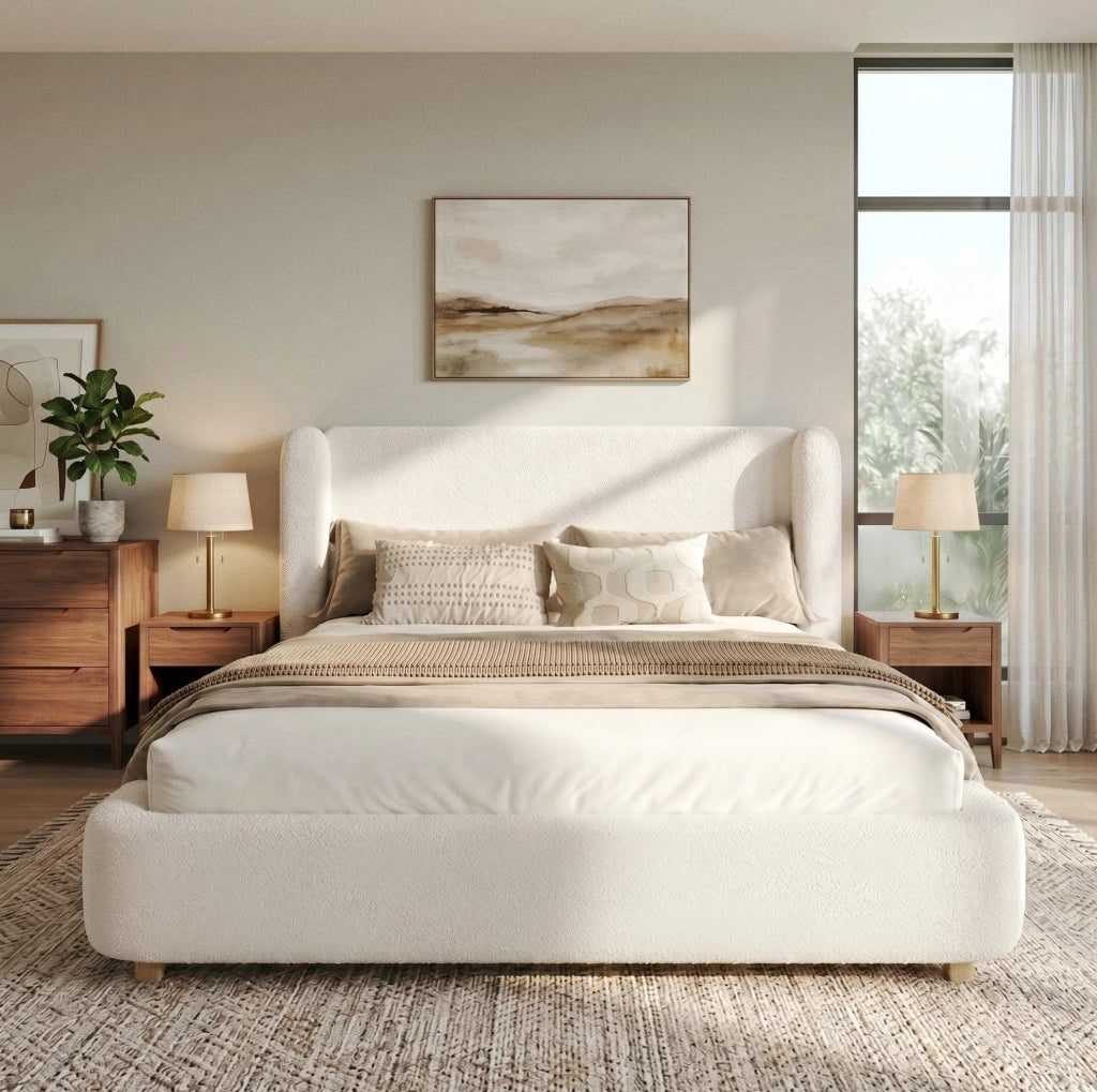 Letto matrimoniale imbottito con rete a doghe; bouclé beige