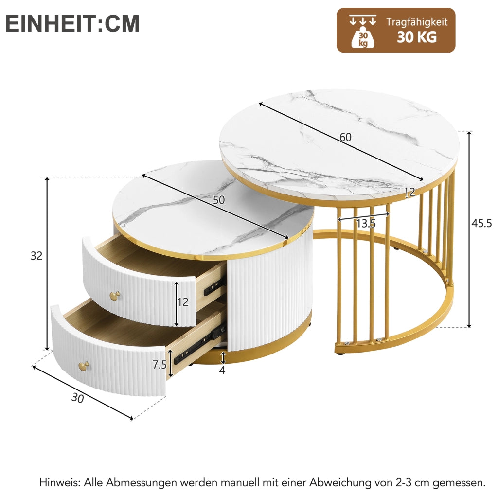 Set di tavolini da caffè a incastro 60x60x45，5 e 50x50x32 cm MDF bianco 2 cassetti