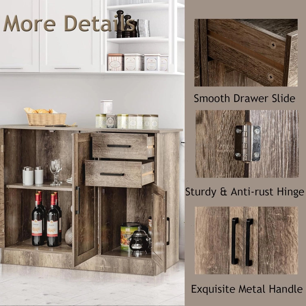 Armadietto Portaoggetti Multifunzione, Credenza da Cucina con 2 Armadi, Ante e 2 Cassetti, Mobile Portaoggetti con Dispositivo Antiribaltamento, Retrò, Grigio, 110 x 40 x 78 cm