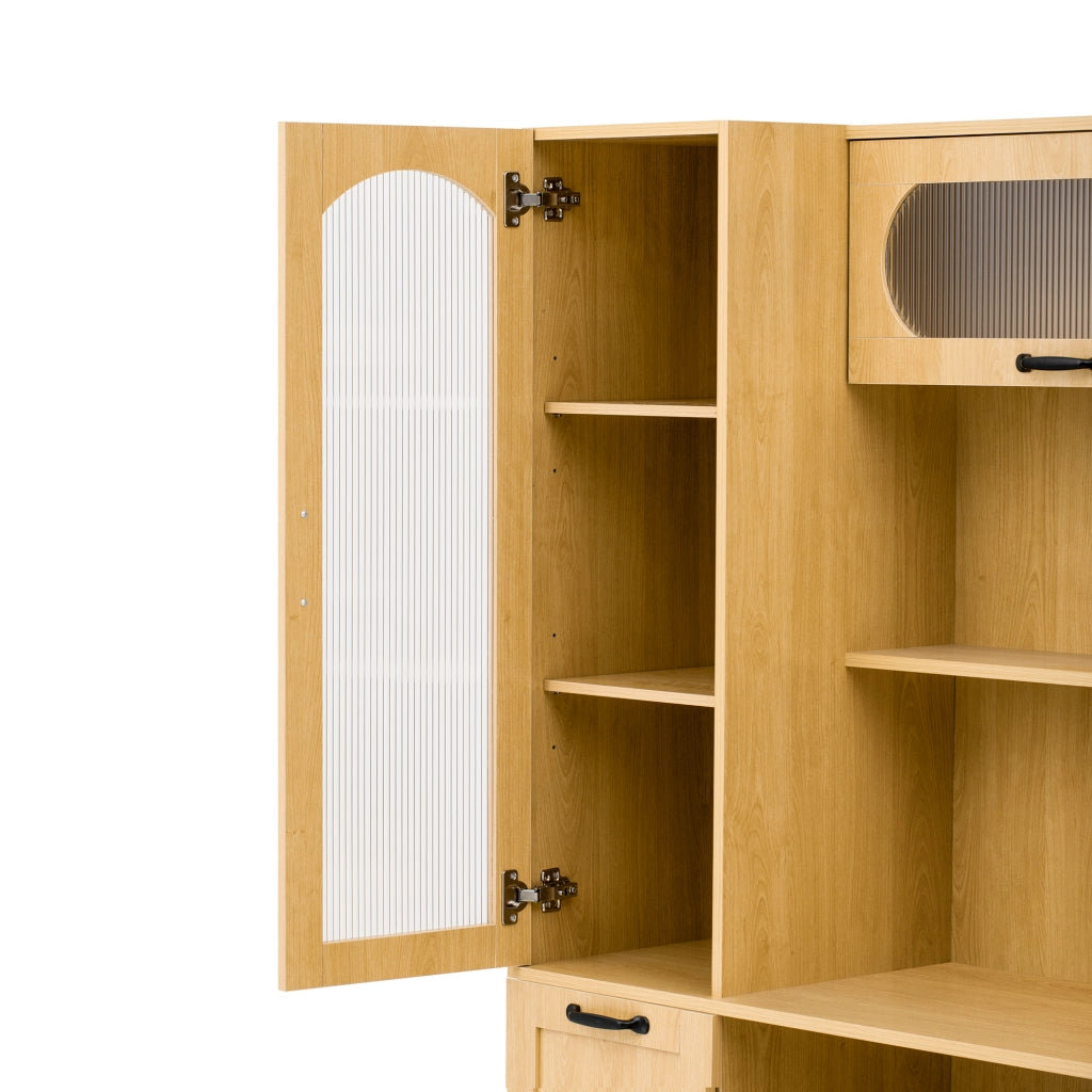 Credenza alta con ripiani regolabili e cassetto, ante in vetro rigato per cucina, in MDF naturale, 98 × 40 × 177 cm