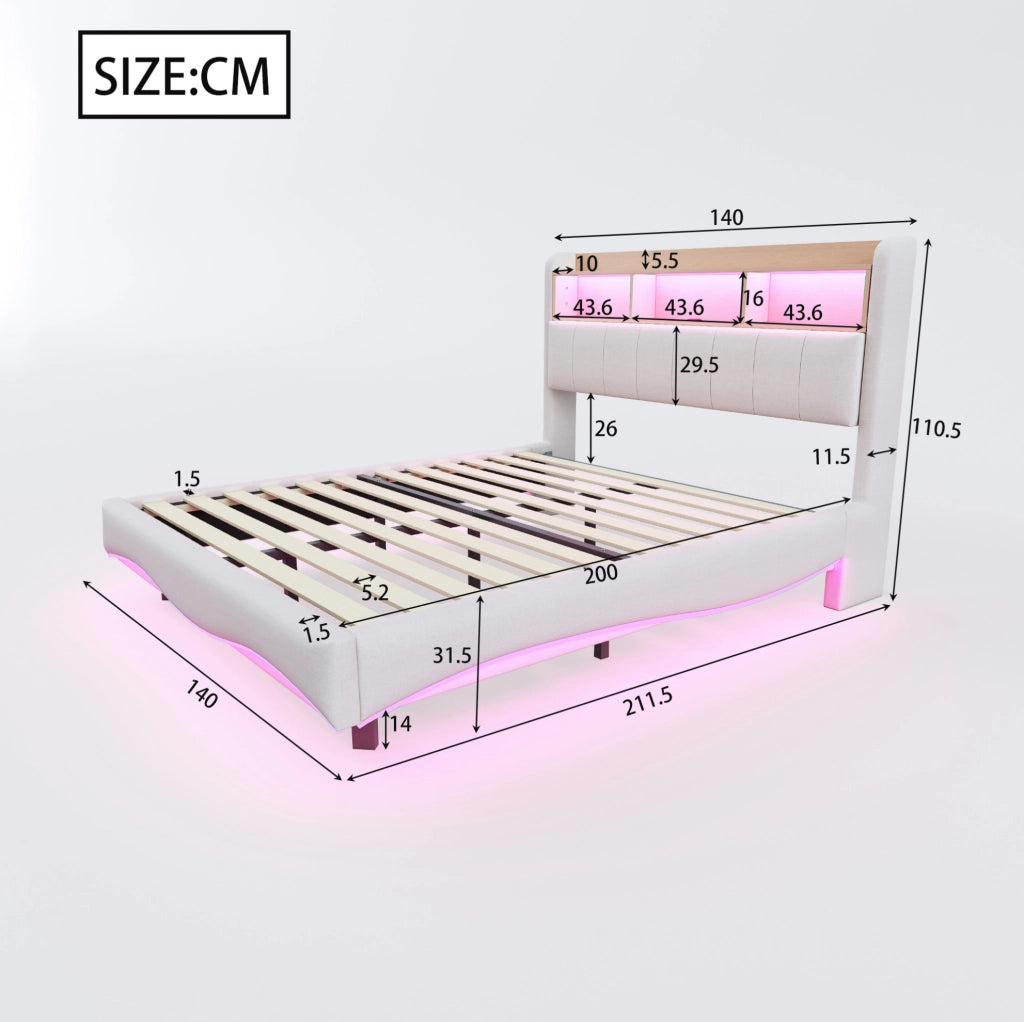 Letto matrimoniale imbottito sospeso 140x200 cm con LED; USB e Type-C; beige