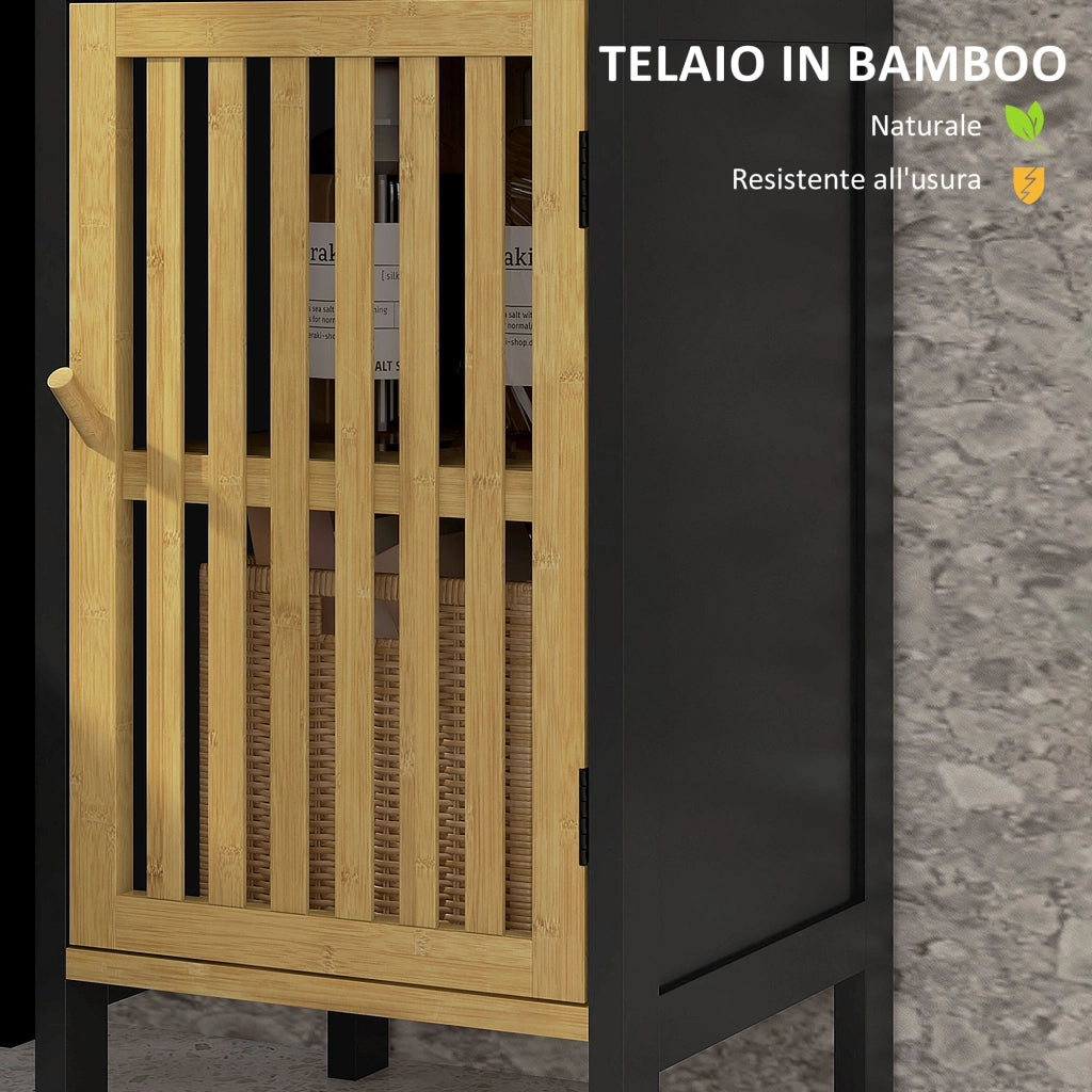 Mobiletto Bagno con Ripiano Aperto e Armadietto ¨C zephmum ¨C MDF, Bamb¨´, Nero e Legno, 32x30x90.5 cm