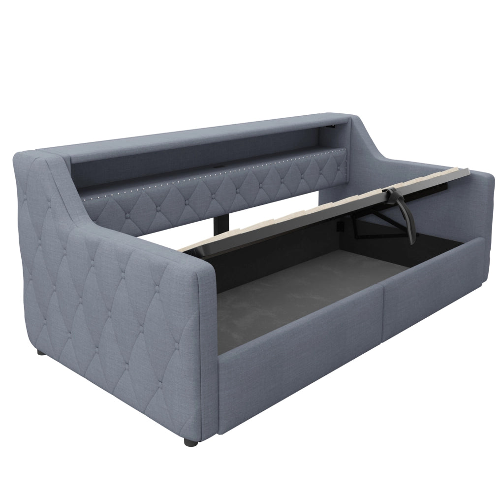 Daybed 90 x 200 cm con illuminazione LED; spazio contenitore idraulico; lino e MDF grigio