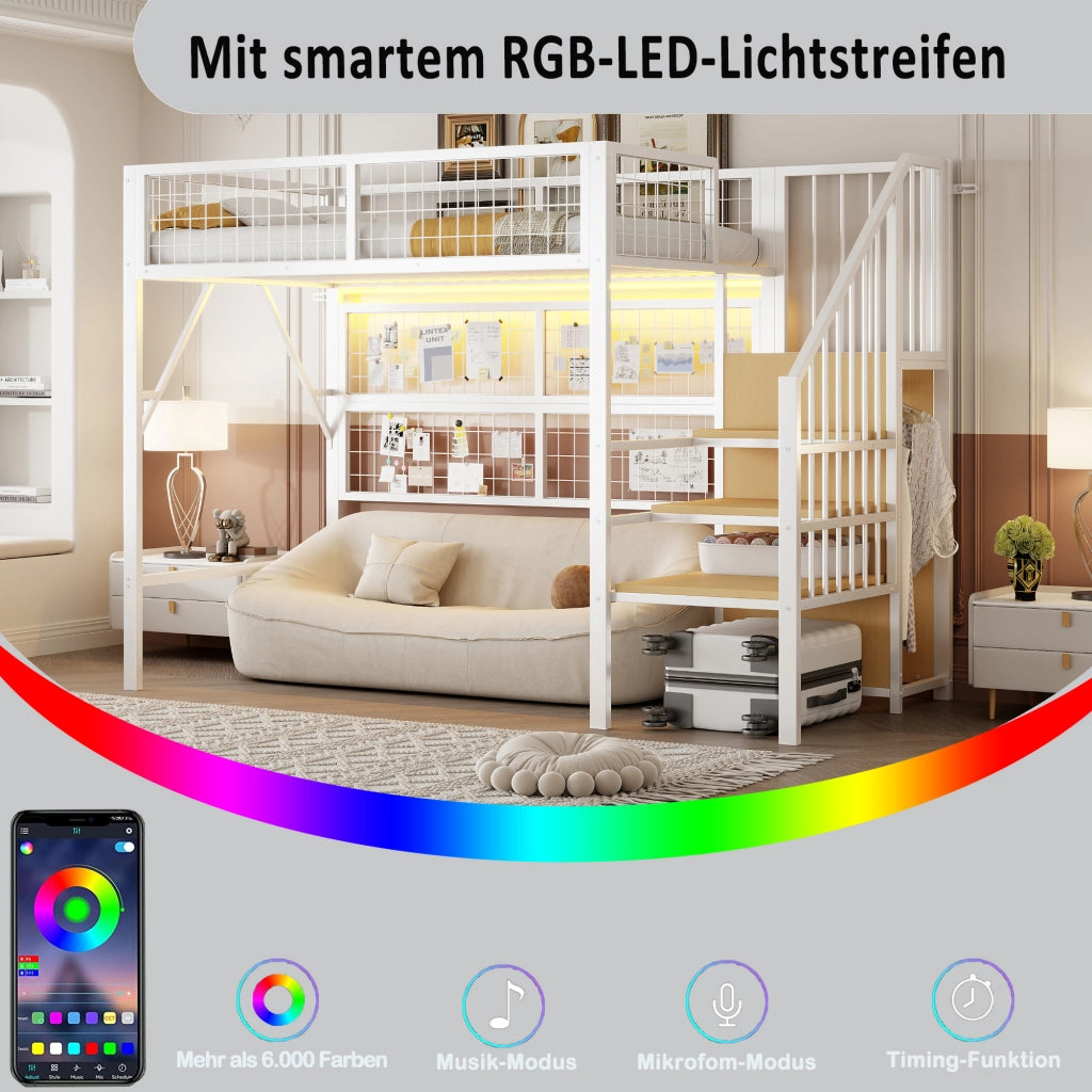 DESMIU Letto a soppalco singolo con LED regolabile, scala contenitore e armadio 90 × 200 cm senza materasso