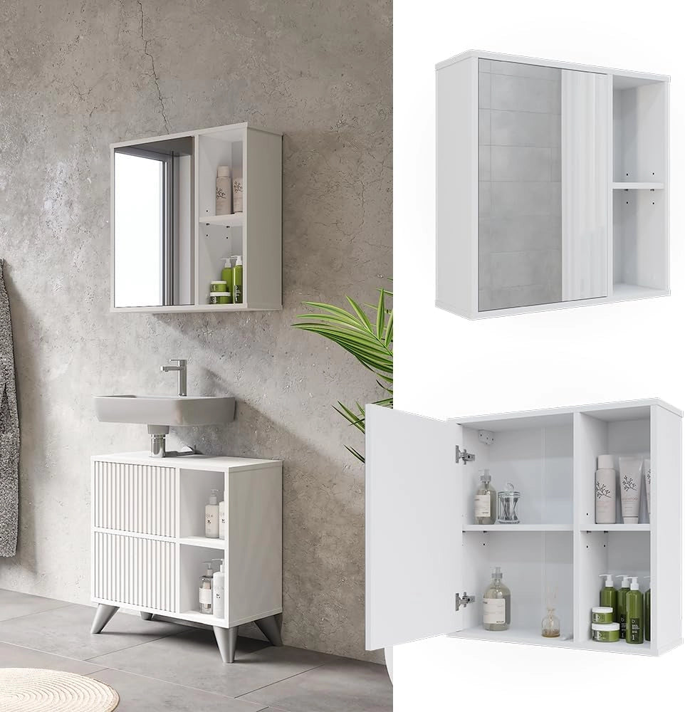 Mobile a specchio per il bagno Leano, Bianco, 60 x 60 cm, adatto per la conservazione di articoli da bagno e asciugamani