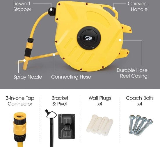 Slanghaspel da 20 m con funzione di ritiro automatico - Tubo di tubo da giardino con funzione di autoavvolgimento - Manuale 180 ° rotativo - 2-in-1 getto o spray - Sistema di blocco automatico - Pistola da giardino con haspel da giardino
