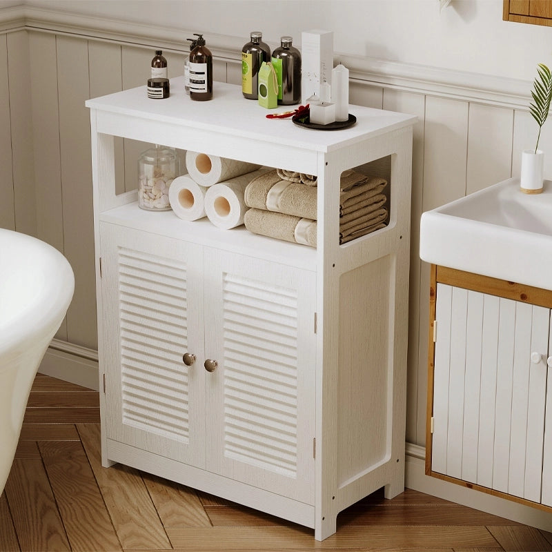 Mobiletto da bagno autoportante con ripiano e ante, stile loft scandinavo, bianco