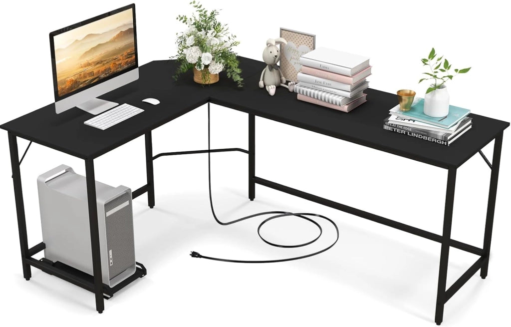 Scrivania angolare per computer, scrivania per computer a forma di L con prese di corrente, supporto per computer, scrivania con porte USB, design poco ingombrante (marrone)