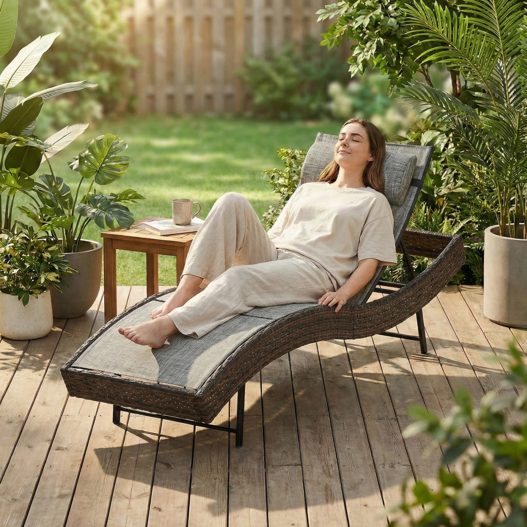 Lettino Prendisole da Giardino in Rattan Forma S con Cuscino a 5 Posizioni, 60x198x44cm, Marrone