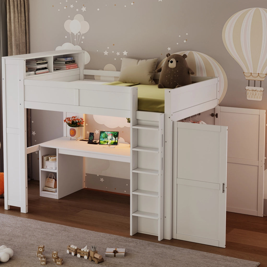 Letto a soppalco 90x200 cm con scrivania; armadio; vani; USB e LED; bianco